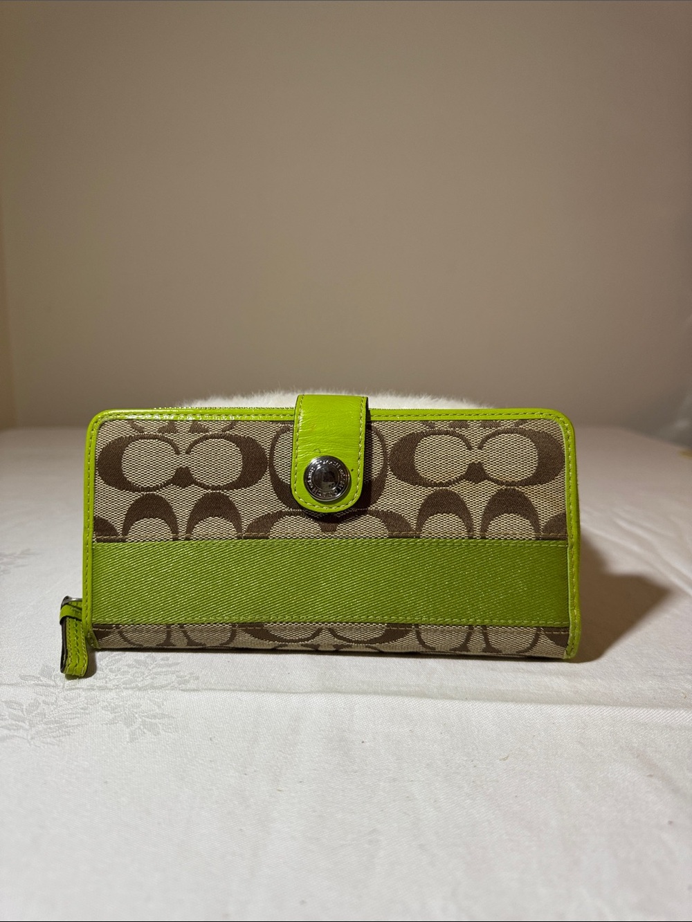 Coach Signature Canvas Wallet with Lime Green Trim